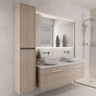 Bathroom-with-light-wooden-tower-cabinet-in-hampton-elm-and-vanity-unit-mirror