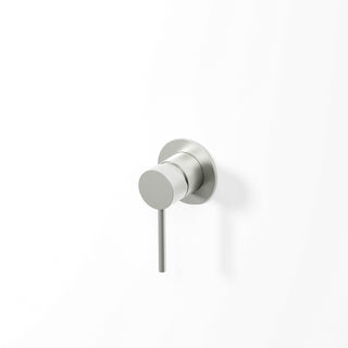 Modern wall-mounted shower mixer in brushed nickel on a white background