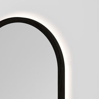 Sora Oval LED Mirror 500x1050 in Dark Ash finish, detail view
