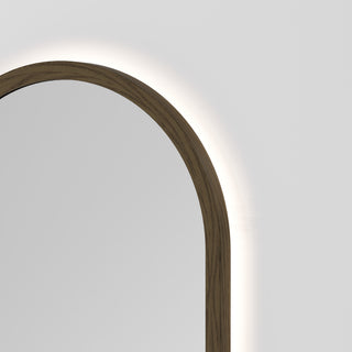 Sora Oval LED Mirror 500x1050 in Smoked Ash finish, detail view