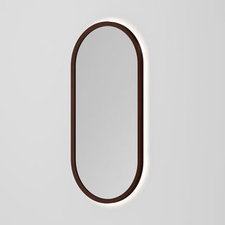 Sora Oval LED Mirror 500x1050 in Smoked Walnut finish angled view
