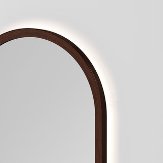 Sora Oval LED Mirror 500x1050 in Walnut Ash finish, detail view
