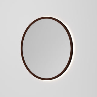 Sora Round LED Mirror 850 in Walnut Ash finish, angled view