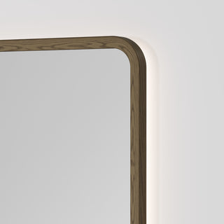 Sora Rectangle LED Mirror 500x1050 in Smoked Ash finish, detail view